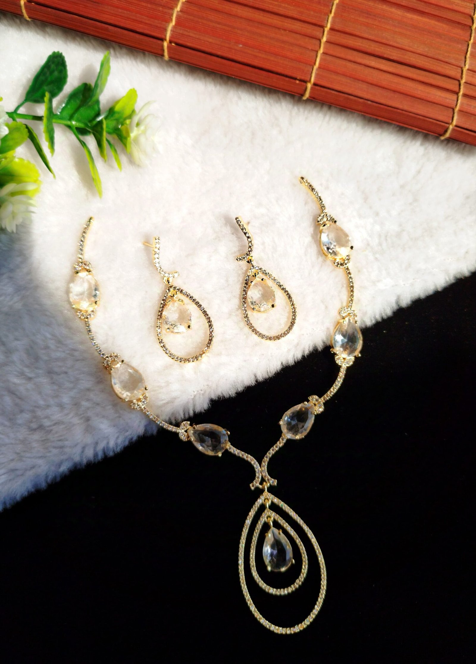 American Diamond Designer Necklace Set with Long Drop Earrings